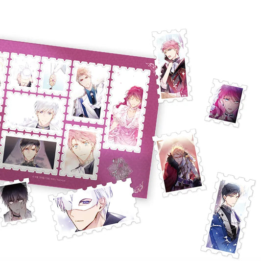 Villains Are Destined To Die Stamp Stickers featuring romantic anime characters in soft colors