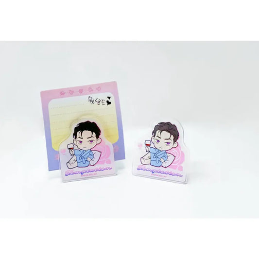 Wet Sand Acrylic Clip Stand featuring a cartoon character holding a glass of wine with pink and purple accents