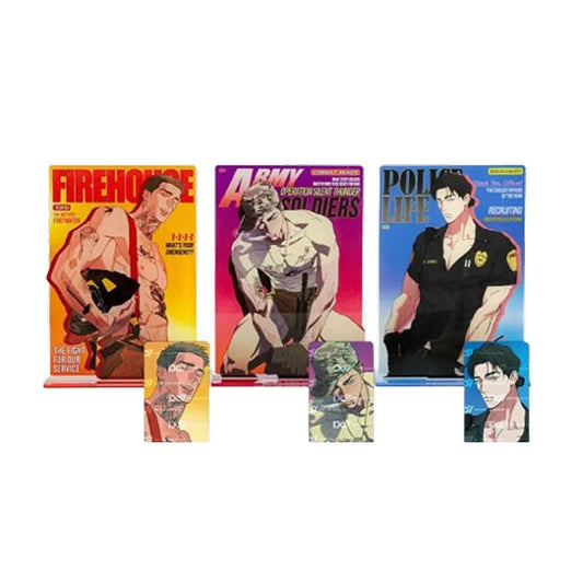 Do7 Store Wet Sand Acrylic Stand featuring three illustrated male characters in firehouse, army, and police themes