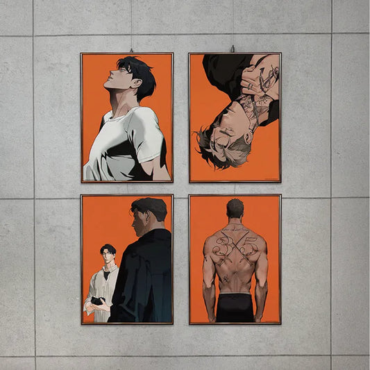Set of four Wet Sand Cover Poster featuring stylized anime characters on orange backgrounds