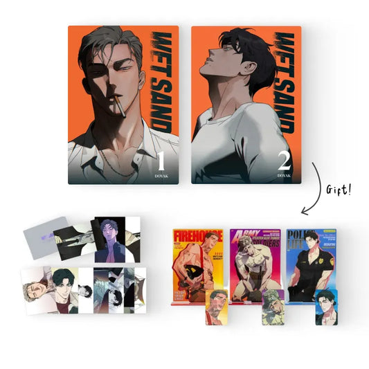 Wet Sand English Manhwa BL volumes 1 and 2 with character art and collectible merchandise on orange background