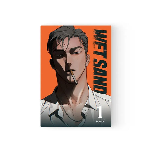 Wet Sand English Manhwa BL volume 1 cover featuring a serious man smoking against an orange background