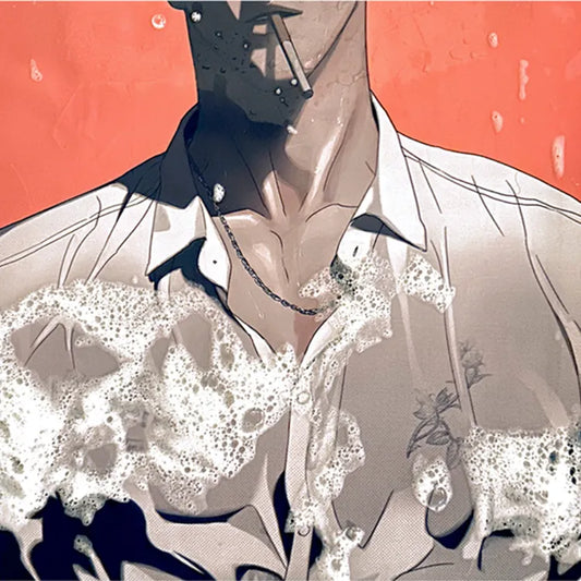 Wet Sand Ian Poster showing close-up of a man in a wet white shirt with water and foam on a coral background