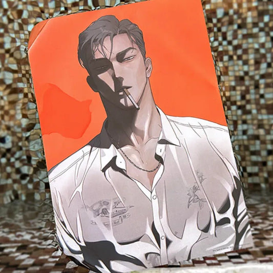 Wet Sand Ian Poster featuring a stylish man with a cigarette against an orange background
